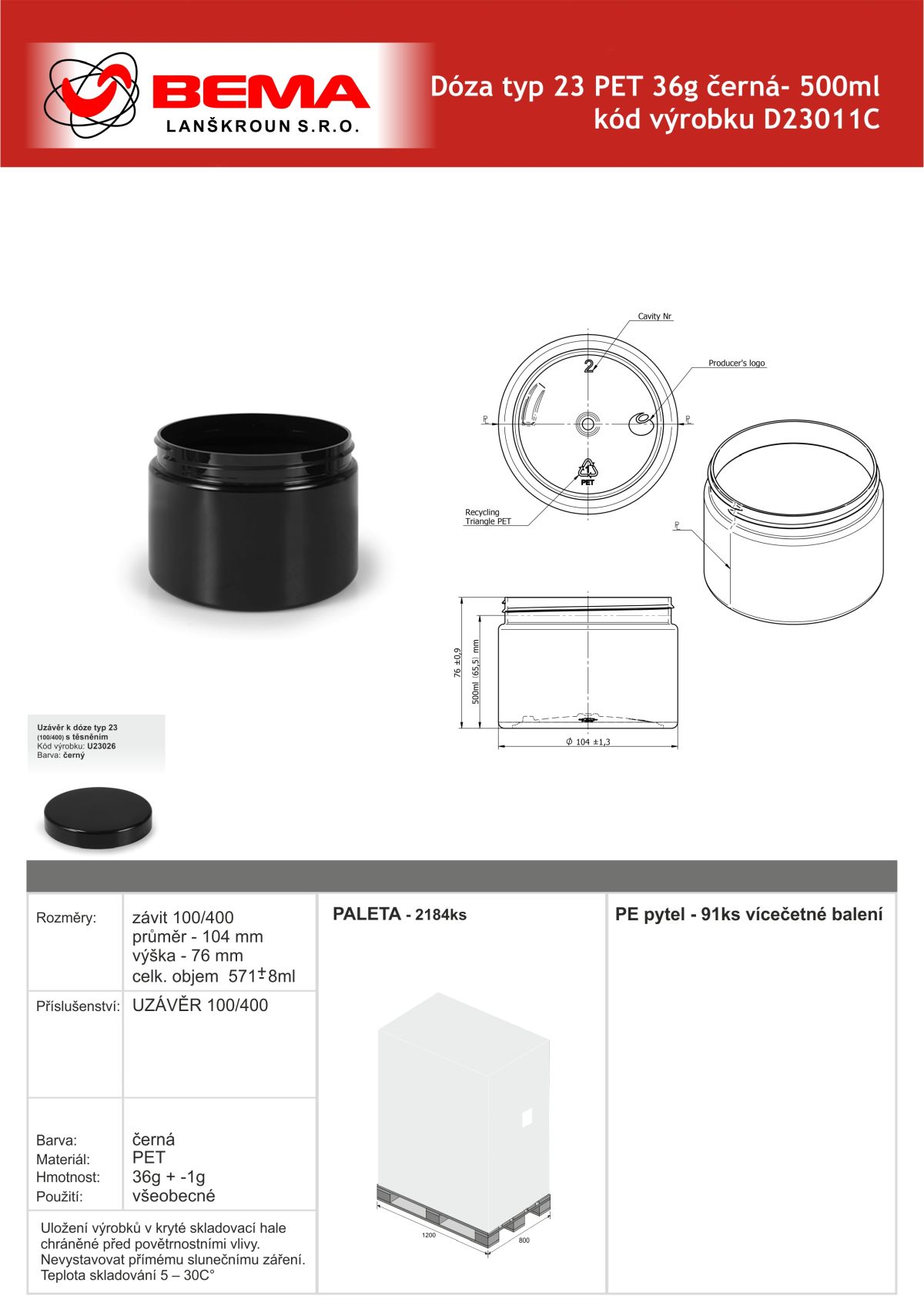 D23011C Doza PET 500ml černá 100-400 24-6-2026